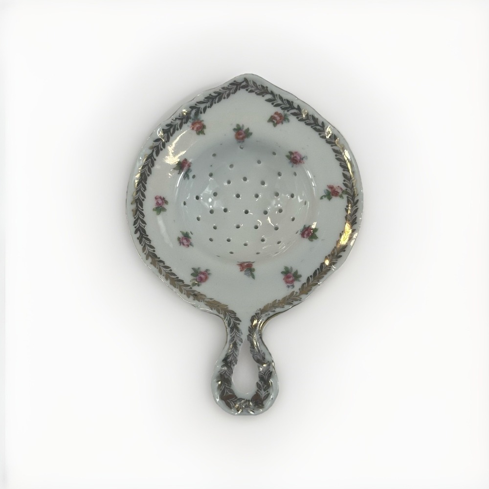 Antique Porcelain Handled Tea Strainer Pink Roses Gold Laurel Shabby Chic